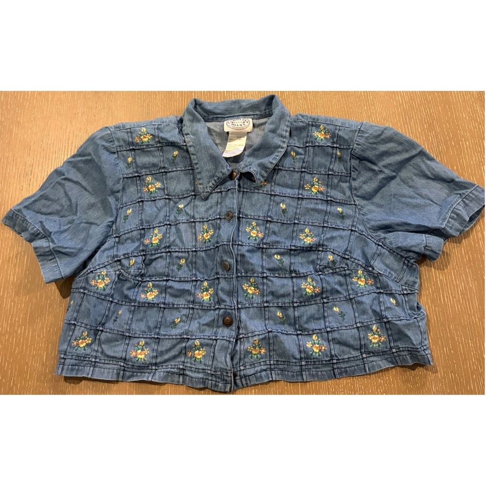 Vintage Carolina Blues Denim Floral Embroidered Cottagecore Shirt 18W Crop 18W